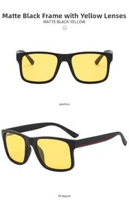 Detail view of square polarized sunglasses with matte black frames and yellow lenses