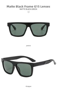 Front and 45-degree views of matte black polarized sunglasses with G15 lenses