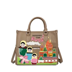 Khaki tote bag with Russian Matryoshka embroidery and detachable shoulder strap
