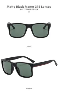 Detail view of matte black polarized sunglasses with G15 green lenses and red temple accents