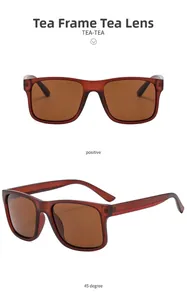 Detail view of square polarized sunglasses with brown frames and tea lenses