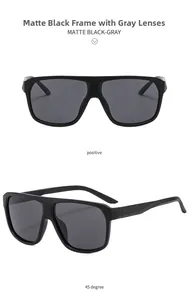 Front and 45-degree angle views of matte black polarized oversized sunglasses with gray lenses