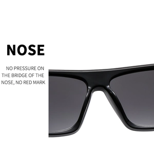 Detail of comfortable nose pads on black sunglasses showing no-pressure bridge design