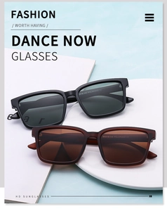 Detail of polarized sunglasses showing square frames and inner temple specifications