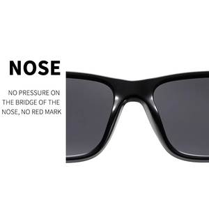 Detail view of smooth integrated nose pads on black square polarized sunglasses