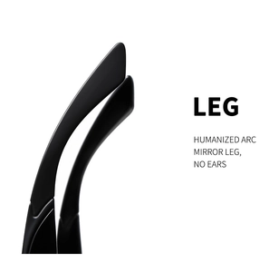 Detailed macro view of humanized arc mirror legs on black polarized sports sunglasses