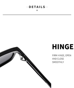 Detail view of smooth metal hinges and sturdy black frame on classic sunglasses