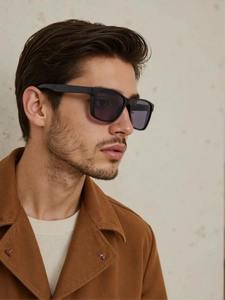 Side view of men's sunglasses featuring textured temples and dark rectangular frames