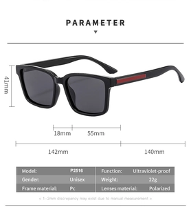 Detailed technical diagram showing dimensions of black square polarized sunglasses P2516