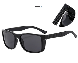 Detail shot of men's sunglasses showing the anti-slip textured temples and polarized lens
