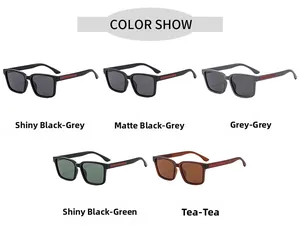 Collection of square polarized sunglasses in shiny black, matte gray, and tea frames