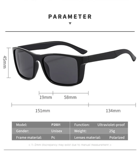 Detailed size chart of polarized sports sunglasses with dimensions and PC frame specs