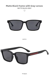 Front and 45-degree angle view of matte black square sports sunglasses with red accents