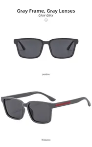 Detail view of square sunglasses featuring grey frames and sleek red temple accents