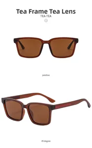 Detail view of tea-colored square sunglasses with red temple accents in multiple angles