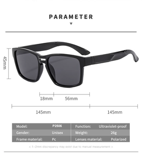 Detaillierte Maße der polarisierten P2506 Sonnenbrille mit PC-Rahmen und eckigen Gläsern