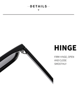 Detail of robust metal hinge on black square frame sunglasses for smooth opening