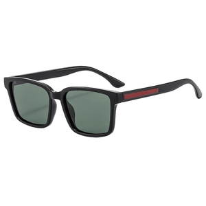 Fashionable square black polarized sunglasses with red stripe detail on temples