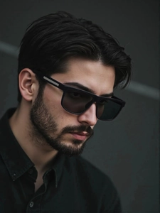 Portrait of man wearing black oversized polarized sunglasses with dark grey lenses for driving