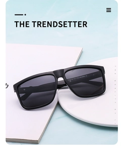 Close-up of polarized rectangular sunglasses lenses with high-quality black frame