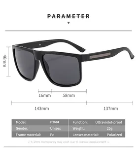 Detailed size chart for P2504 polarized sunglasses showing frame dimensions and features