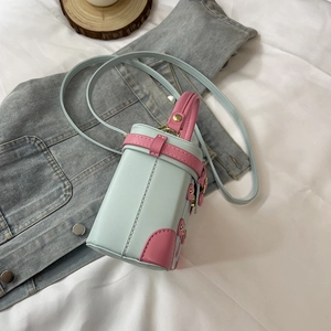 Mini contrast color box bag in light blue and pink PU leather with crossbody strap