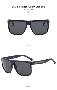 Front and 45-degree angle view of matte blue driving sunglasses with gray lenses