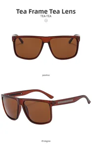 Detail view of large square frame sunglasses in tea brown with silver temple accents