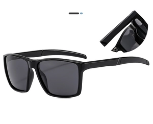 Detailed close-up of shiny black sport sunglasses hinges and smooth rectangular frame