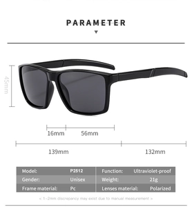 Detailed dimensions of black square sports sunglasses with polarized PC lenses and frames