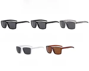 Close-up showing five color options of sport sunglasses with wide frame design