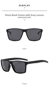 Front and 45-degree views of shiny black sports sunglasses with gray lenses