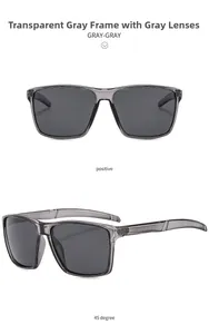 Detail view of transparent grey frame sports sunglasses with smoke lenses from two angles