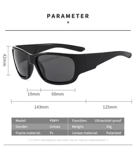 Detailed size chart for polarized sports sunglasses showing frame dimensions and UV protection