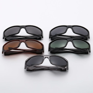 Detail view of sport polarized sunglasses in five colors showing frame and lens options