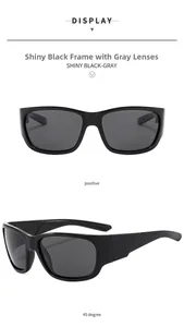 Front and 45-degree angle views of shiny black sports sunglasses with gray lenses