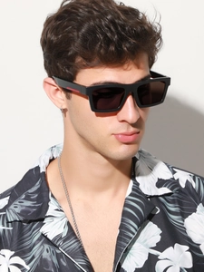 Side view of men's polarized rectangle sports sunglasses with distinctive red stripe temple