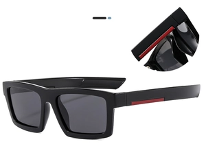 Close-up of red stripe detail on black polarized rectangle sports sunglasses temple
