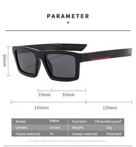 Detailed dimension chart and technical specifications for polarized sports sunglasses