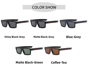 Polarized sports sunglasses displayed in five distinct frame colors with red temple stripes