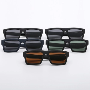 Five pairs of polarised rectangular sports sunglasses in various colors on white background