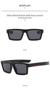 Detail view of rectangular black polarized sports sunglasses with red temple stripes