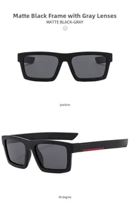 Detail of matte black rectangular sunglasses with iconic red stripe on temples