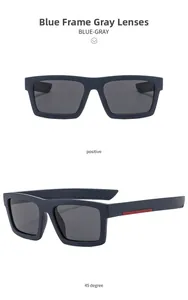 Detail view of polarized sports sunglasses with blue frames and red stripe on the temple
