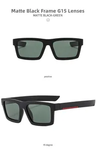 Detail view of matte black rectangular sport sunglasses with red stripe and green G15 lenses
