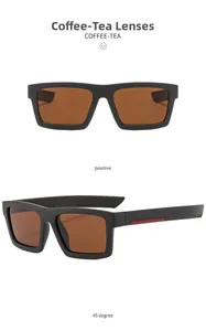 Detail view of rectangular polarized sports sunglasses with brown lenses and red temple accents