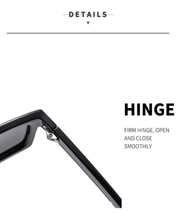 Close-up of the reinforced metal hinge on black rectangular polarized sunglasses