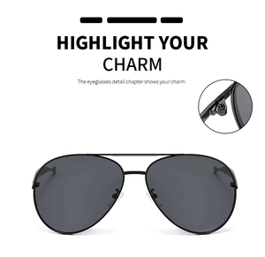 Detail view of premium aviator sunglasses with matte black frame and high-precision hinges