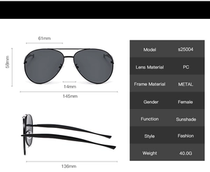 Detailed size chart of black metal aviator sunglasses with frame dimensions in millimeters