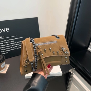 French Niche Motorcycle Style Studded Crossbody Bag For Women PU Leather Metal Chain Square Shoulder Bag With Tassels